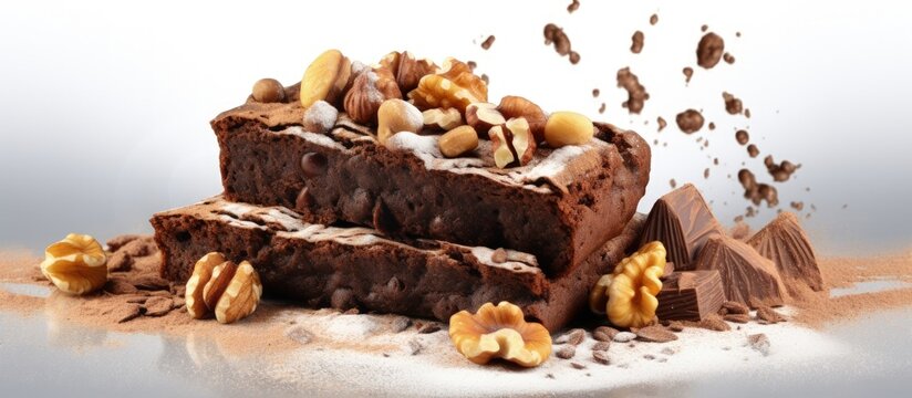 Isolated hot chocolate brownie with walnuts and vanilla copy space image