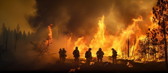Firefighters combat wildfires due to the impact of climate change and global warming on wildfire trends copy space image - obrazy, fototapety, plakaty