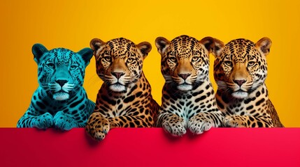 Creative animal concept. Jaguar in a group, vibrant bright fashionable outfits isolated on solid background advertisement, copy text space. create using a generative ai tool 
