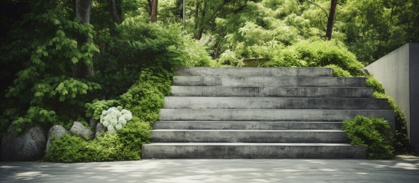 Garden landscape with cement staircase copy space image