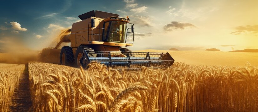 Experienced farmer reaping mature wheat using a combine harvester in a flourishing field copy space image
