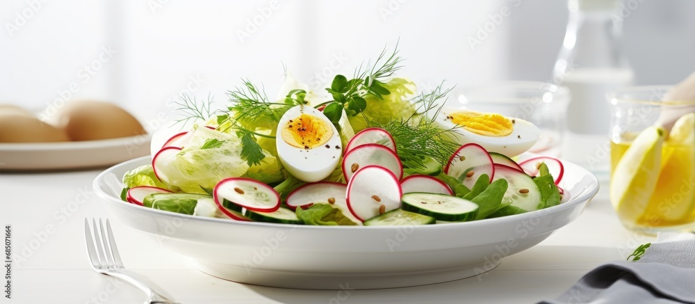 Poster Easter salad with boiled egg radish and cucumber dressed with dijon mustard and lemon on a white table copy space image