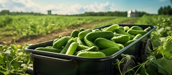 Freshly harvested small green gherkins in a trailer copy space image - obrazy, fototapety, plakaty