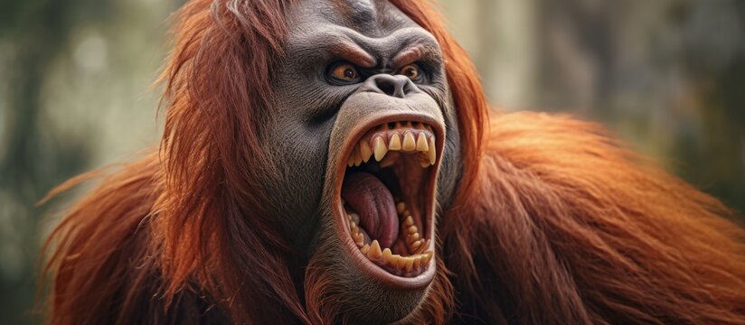 Expressive aggression displayed by male orangutan copy space image
