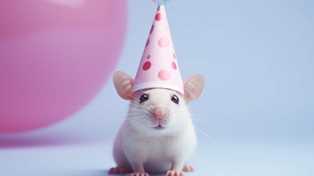 Creative animal concept. Mouse rodent in party cone hat necklace bowtie outfit isolated on solid pastel background advertisement, copy text space. create using a generative ai tool 