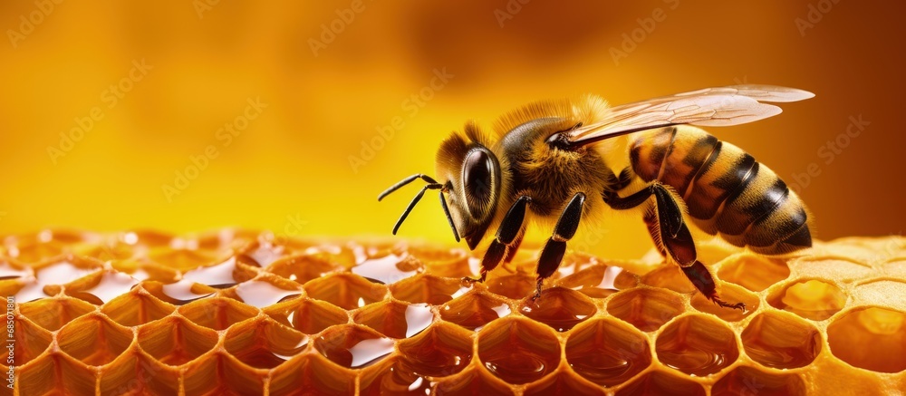 Poster honey filled honeycomb carried by a specialized bird that eats bees without getting stung copy space