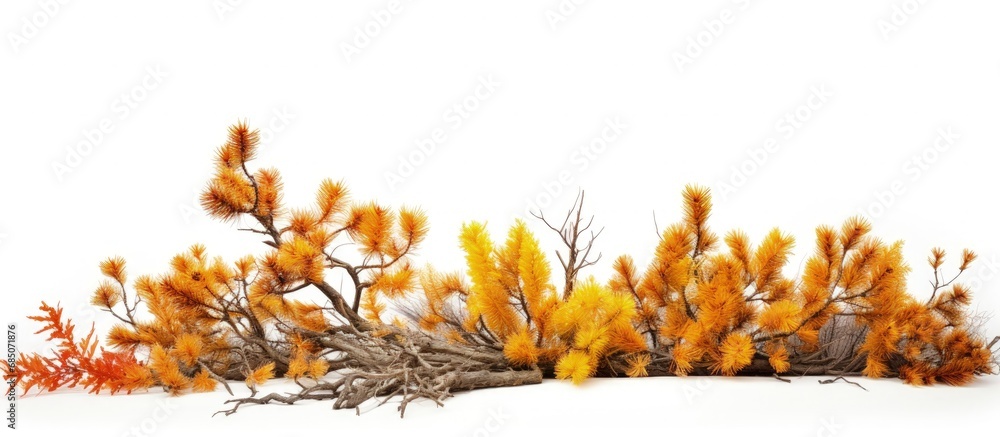Poster dead pine branch and yellow autumn conifer needles isolated on white copy space image
