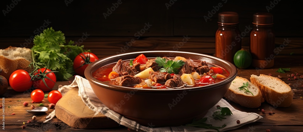 Poster Home cooked goulash soup on a rustic table copy space image