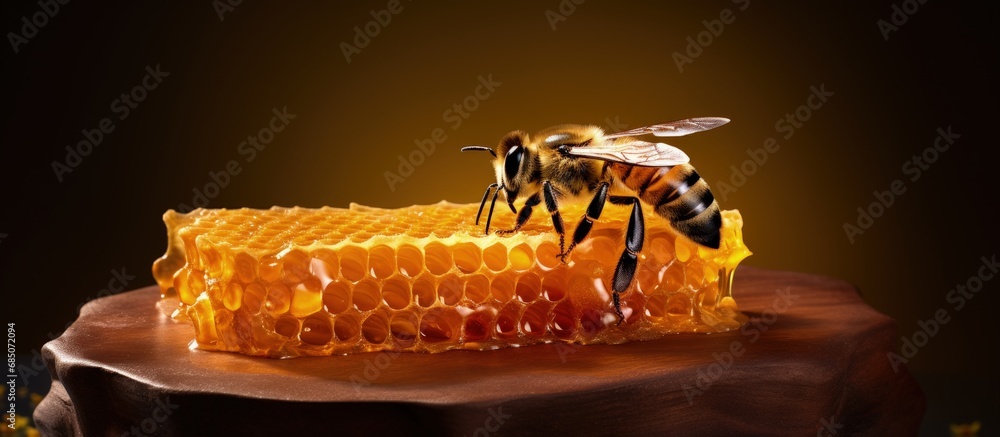 Poster honey filled honeycomb carried by a specialized bird that eats bees without getting stung copy space