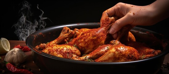 Cooking chicken legs in spices with female hands at home bakery copy space image