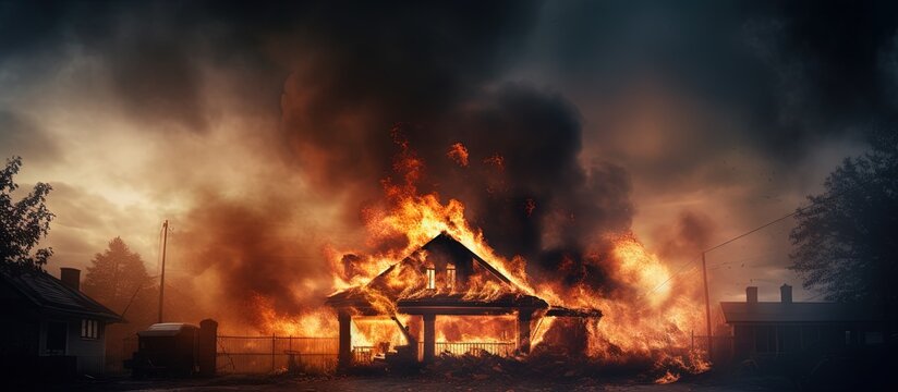 House engulfed in flames and dark smoke copy space image
