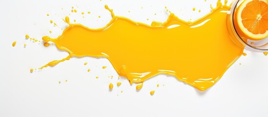 Isolated orange juice puddle on white background copy space image