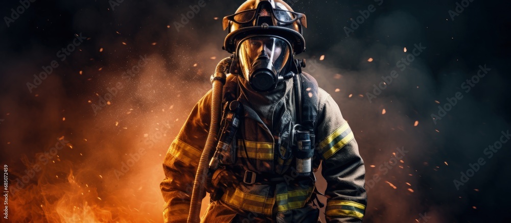 Poster Firefighters in protective gear and helmets extinguish fires using water hoses and oxygen tanks copy space image