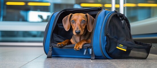 Dutiful dachshund waits in carrier for owner while traveling with animals across borders copy space...