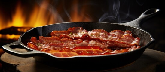 Cooked turkey bacon on cast iron pan ready copy space image