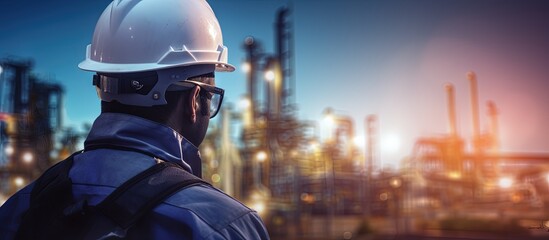 Engineer in safety helmet with blurred oil refinery as background representing oil and gas company s HR and recruitment for energy industry copy space image