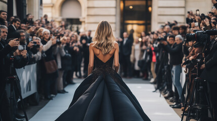Back view of celebrity in black dress turning posing for paparazzi on red carpet - obrazy, fototapety, plakaty
