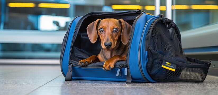 Dutiful dachshund waits in carrier for owner while traveling with animals across borders copy space image