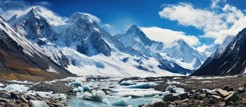 Impressive sight Shkhara Glacier Greater Caucasus Georgia s Svaneti Region Mountains covered in snow including Mount Shkhara with a melting glacier due to climate change Cold ice copy space image