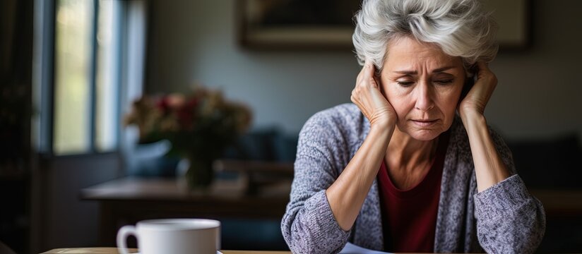 Distressed elderly woman struggles with financial issues copy space image