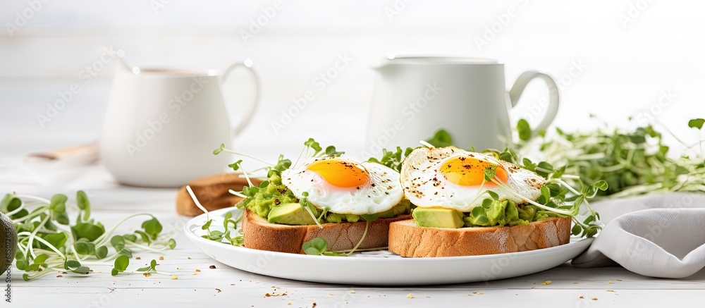 Aufkleber healthy breakfast featuring avocado egg sandwiches and coffee served on a white table with whole gra