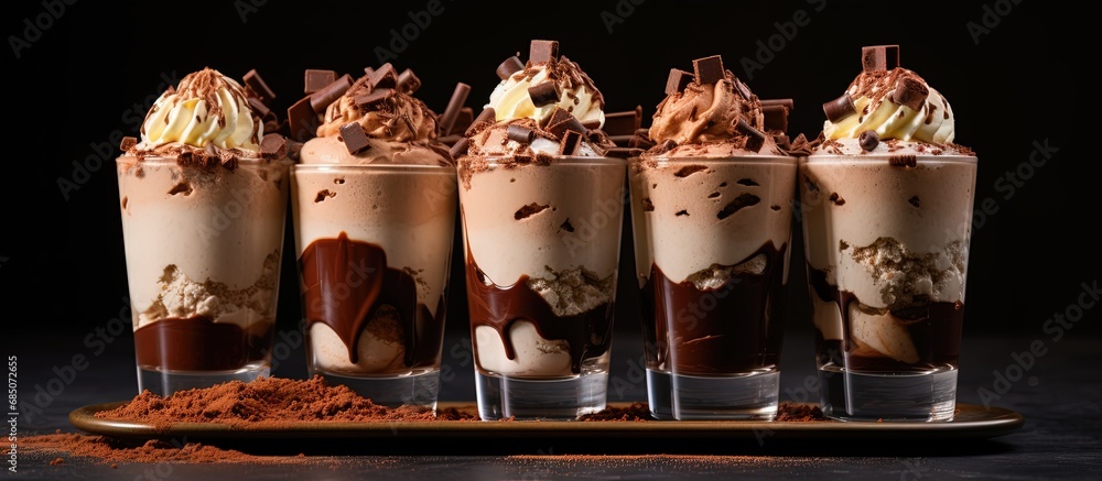 Poster italian semifreddo dessert with chocolate coffee whipped cream and cocoa in small glasses copy space