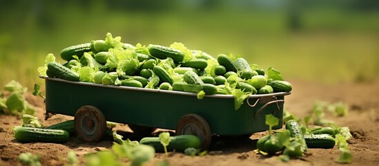 Freshly harvested small green gherkins in a trailer copy space image