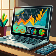 Laptop showing stock and business charts and graphs, business and stock market