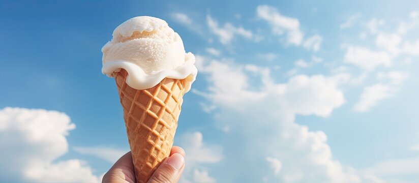 Ice cream cone under summer sky copy space image
