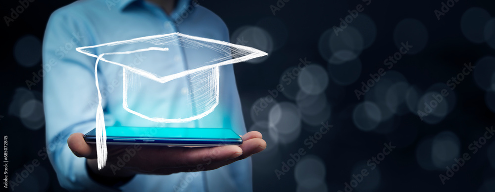Poster man holding tablet with graduation cap on bokeh background