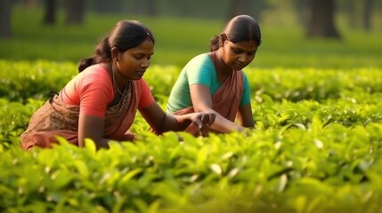 Rural women workers plucking tender tea shoots. - obrazy, fototapety, plakaty