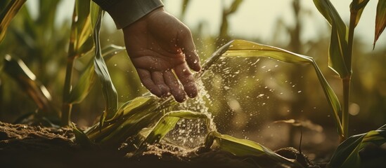 Farmers touching dead corn leaves due to herbicide application causing agribusiness damage and insured indemnification events copy space image - obrazy, fototapety, plakaty