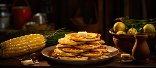 Costa Rican chorreadas are corn pancakes made from fresh ground corn both sweet and savory copy space image - obrazy, fototapety, plakaty