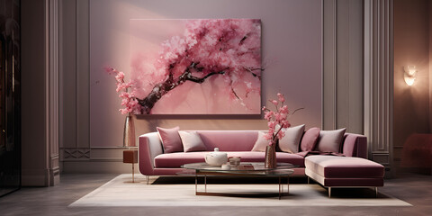 A painting of a cherry blossom hangs in a living room Interior HD wallpaper Stock Photographic Image Pink Interior living room Design with pink sofa and table with flowers on it Ai Generative
