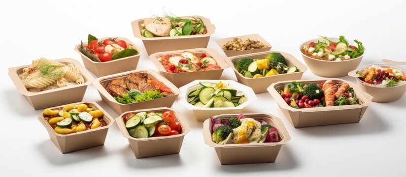 Healthy food delivery for daily nutrition in take away boxes at a restaurant pictured on a white background copy space image