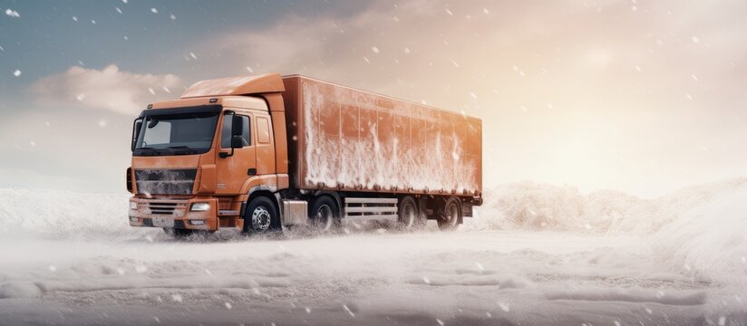 Description of contemporary big brown truck Winter truck frosty and snowy copy space image