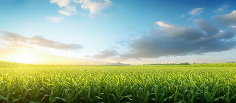 Corn growing in a green field under a blue cloudy sunrise copy space image