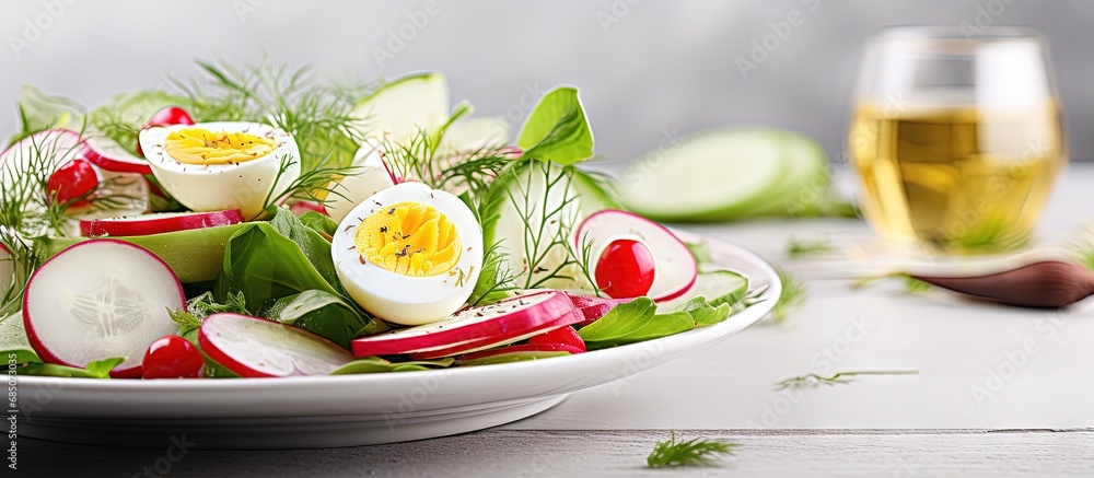 Poster easter salad with boiled egg radish and cucumber dressed with dijon mustard and lemon on a white tab