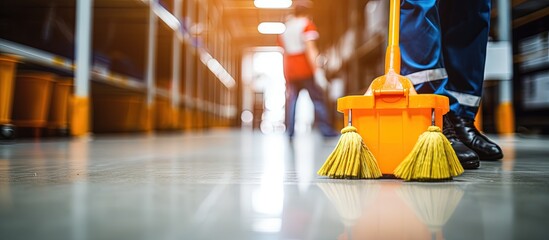 Cropped shot of janitors cleaning warehouse floor with mops and buckets copy space image - obrazy, fototapety, plakaty