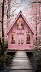 Autumn Serenity: A Pink Cottage Nestled in the Woods