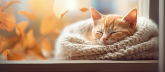 Ginger kitten sleeeping on a cozy sweater next to decor near a window copy space image