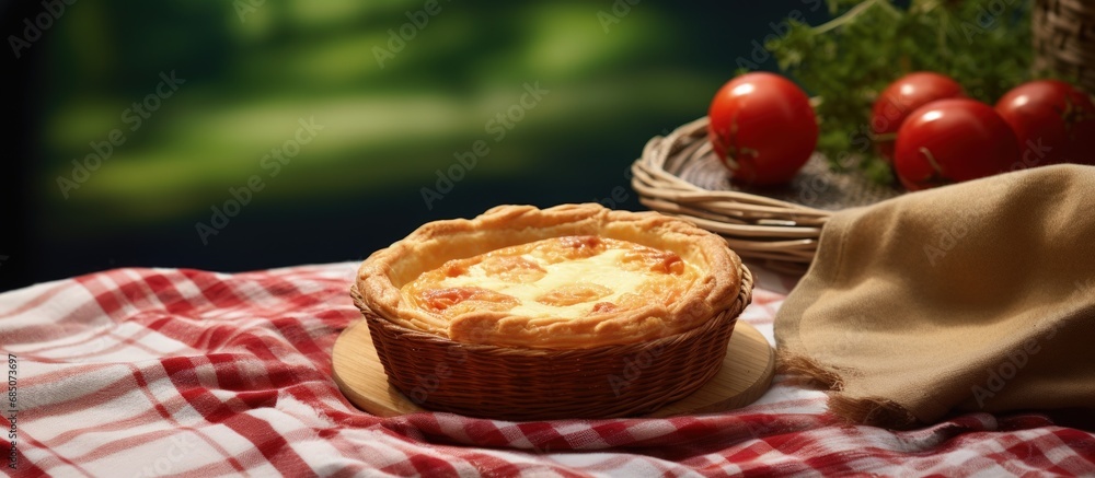 Aufkleber french quiche in a striped napkin placed in a rattan basket with selective focus copy space image