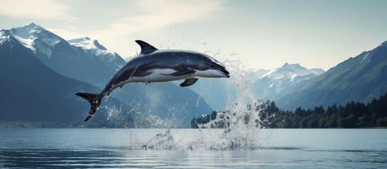 Dusky Dolphin leaping in Kaikoura S Island NZ copy space image - obrazy, fototapety, plakaty