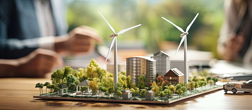 In office discussions about designing wind turbines for a sustainable and eco friendly construction project with biodiversity enthusiasts copy space image
