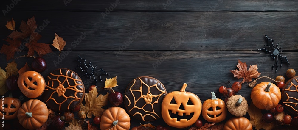 Poster gorgeous halloween gingerbread and pumpkin on table seen from above copy space image