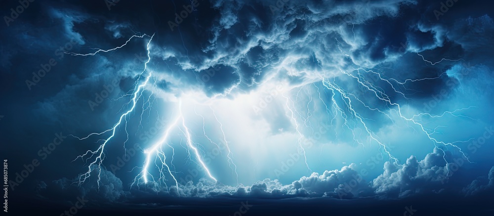 Poster lightning from a cumulonimbus storm cloud strikes earth copy space image