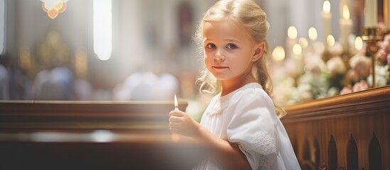 Girl being christened in church ceremony copy space image