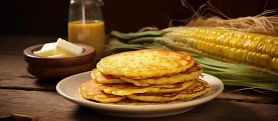 Costa Rican chorreadas are corn pancakes made from fresh ground corn both sweet and savory copy space image