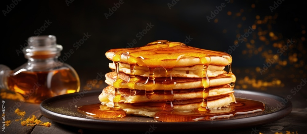 Canvas Prints fresh pancakes with maple syrup and honey texture copy space image