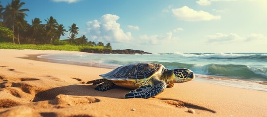 Hawksbill turtle in Brazil s Madeiro beach copy space image - obrazy, fototapety, plakaty